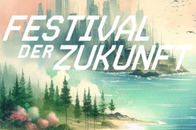 Artwork vom Festival der Zukunft, dass eine Insel zeigt, auf der sowohl eine große Stadt als auch unberührte Natur vorherrscht.