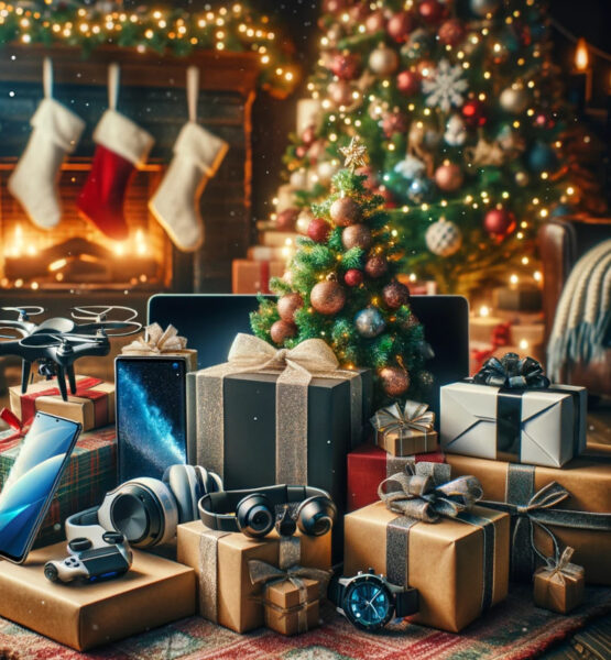Weihnachtsszene mit einem festlich dekorierten Baum und Geschenken für Technikbegeisterte, darunter ein Laptop, Kopfhörer, eine Smartwatch, ein Smartphone und eine Drohne, in einem warmen Raum mit Kamin und hängenden Strümpfen.
