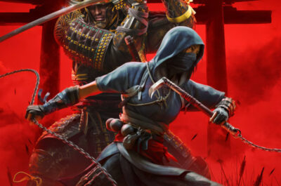 Boxart von Assassin's Creed Shadows dass die beiden Hauptcharaktere mit ihren Waffen vor einem Shintotor zeigt. Der Hintergrund ist in gefährliches rot getaucht.