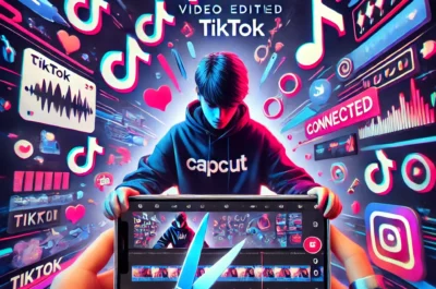 Eine dynamische, farbenfrohe Illustration zeigt einen jungen Mann in einem „CapCut“-Hoodie, der vor einem Hintergrund mit TikTok-Symbolen, Herzchen und Medien-Icons steht. Im Vordergrund hält jemand ein Smartphone, auf dem ein Video mit CapCut bearbeitet wird, während eine Schere das Display scheinbar durchschneidet. Text auf dem Bild: „CapCut – Video Edited TikTok“. Die Szene vermittelt Kreativität, soziale Vernetzung und den Bezug zur Videobearbeitung für TikTok und Instagram