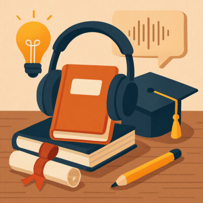 Ein flaches digitales Stillleben zeigt eine Szene rund um Bildung und Podcasts: Ein Paar dunkelblaue Kopfhörer liegt auf einem orangefarbenen Notizbuch, das auf einem größeren Buch ruht. Daneben befinden sich ein leuchtendes Symbol einer Glühbirne, ein Abschlusshut mit gelber Quaste, ein zusammengerolltes Diplom mit rotem Band und ein gelber Bleistift. Im Hintergrund ist eine stilisierte Sprachblase mit Schallwellen zu sehen. Die Farbgebung kombiniert warme Holz- und Beigetöne mit kontrastreichen Akzenten in Blau, Orange und Gelb.
